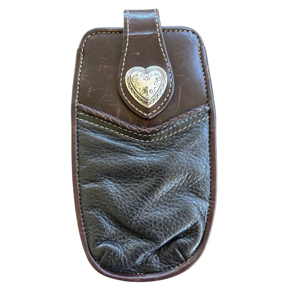 Brighton Leather 2 Tone Phone Case Card Holder Black Brown Heart Clasp 6" X 3"‎